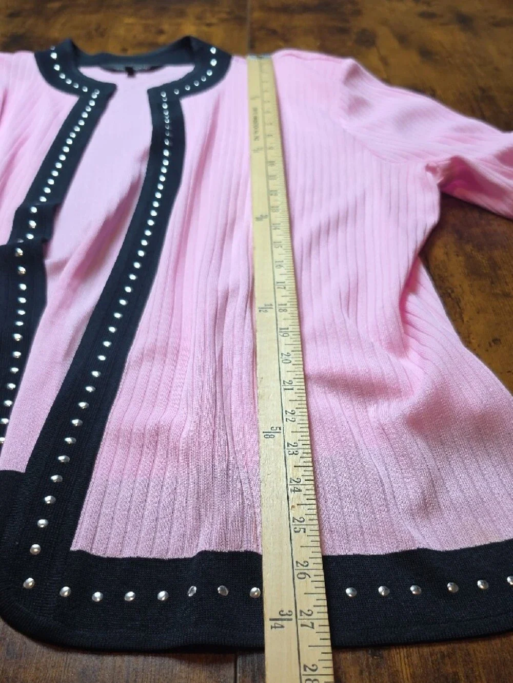 MING WANG | Pink Ribbed Black Trim Studded Twin Set Cardigan Tank Plus | 1X